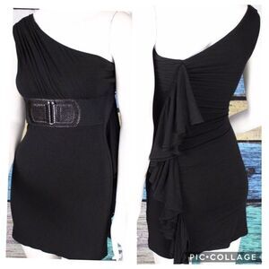 SKY BRAND ANTHROPOLOGIE One Shoulder Belted Ruffle SEXY mini Dress Tank Top S